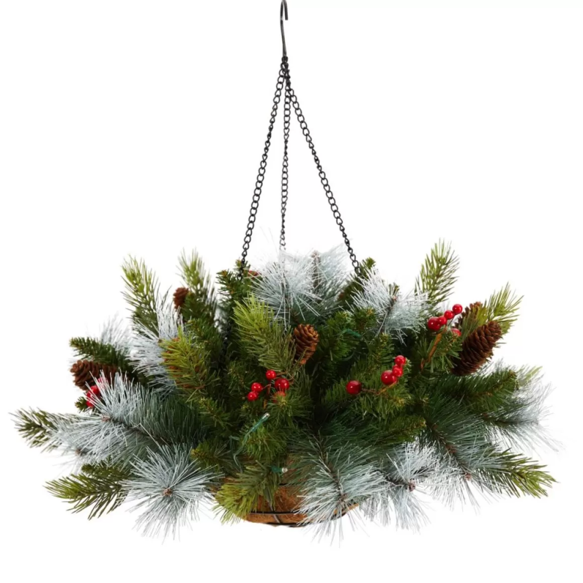 Nearly Natural 24 In. Holiday Pre Lit Berries Christmas Hanging Basket