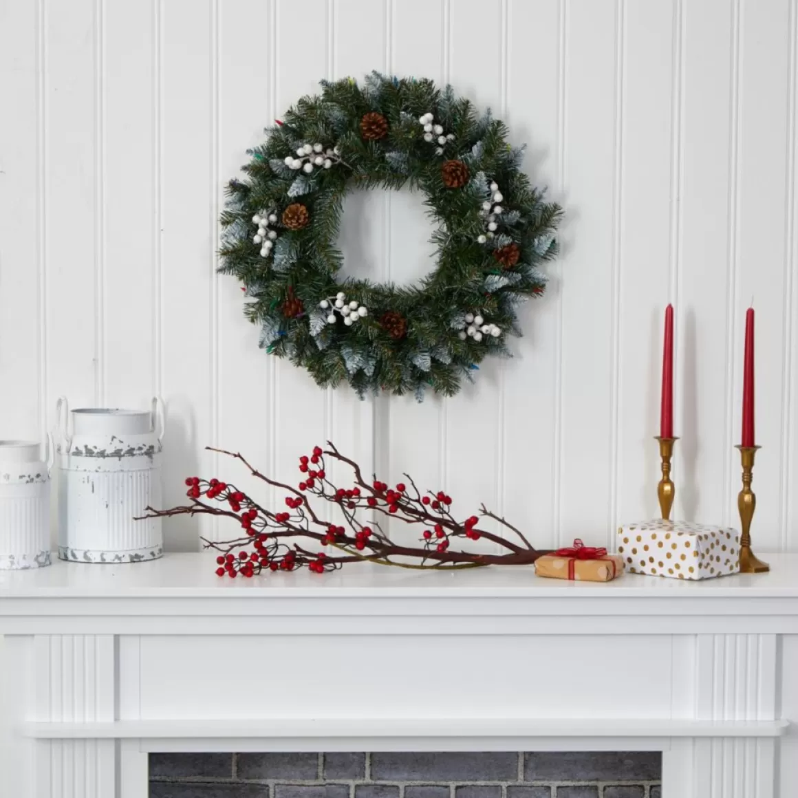 Nearly Natural 24 In. Snow Tipped Christmas Wreath With 50 Lights