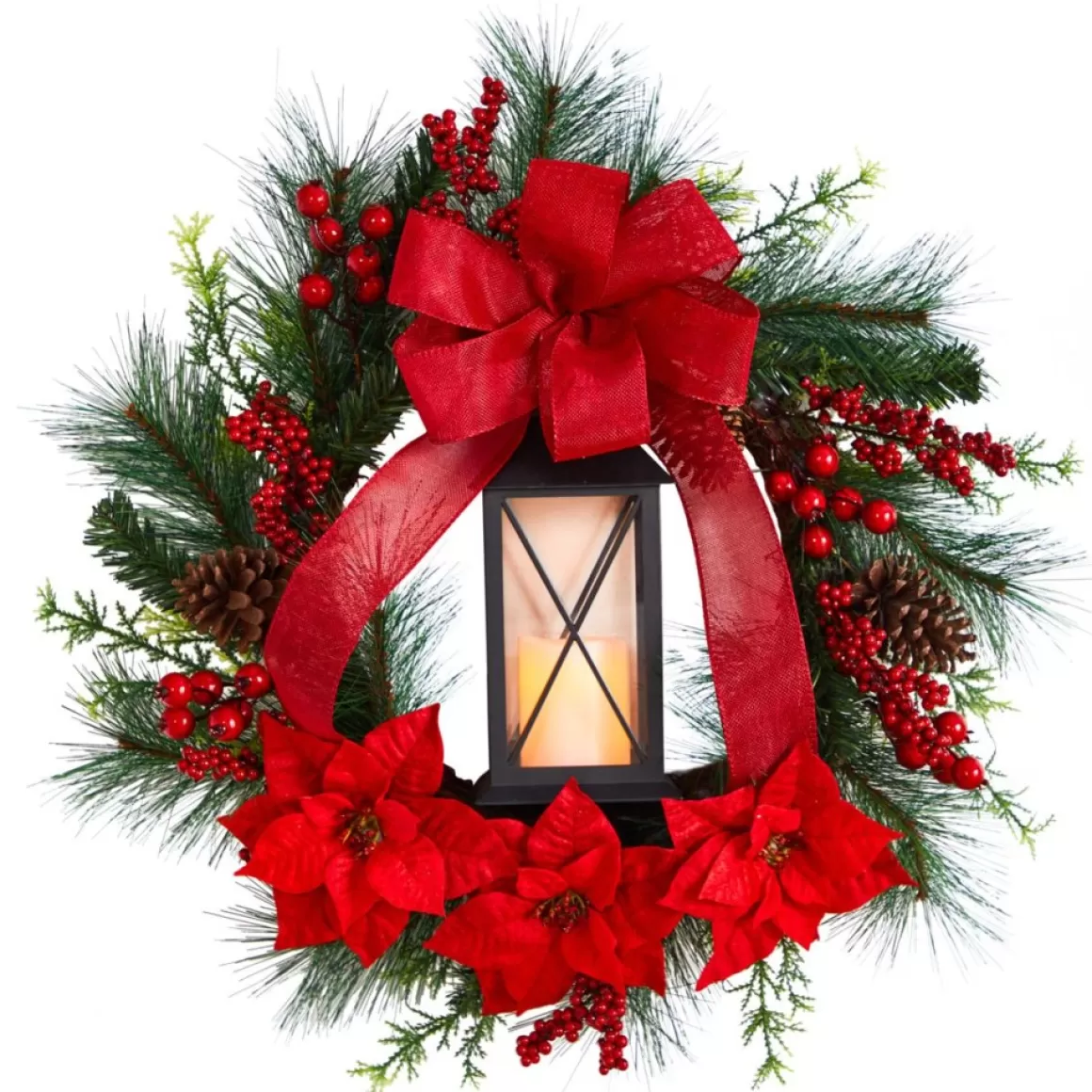 Nearly Natural 28" Poinsettia & Berry Wreath With Lantern & Led Candle