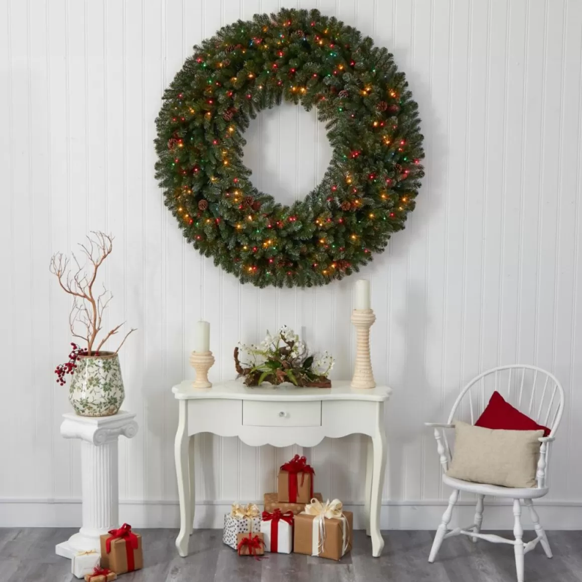Nearly Natural 5 Ft. Giant Flocked Wreath With 280 Multicolor Lights