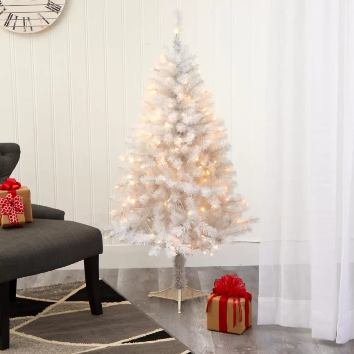 Nearly Natural 5' White Christmas Tree With 150 Clear Led Lights