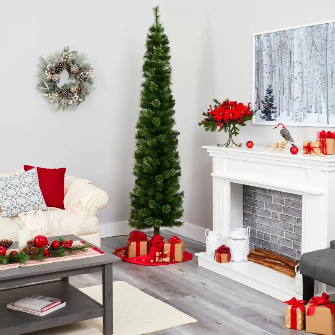 Nearly Natural 7' Green Pencil Christmas Tree With 150 Led Lights