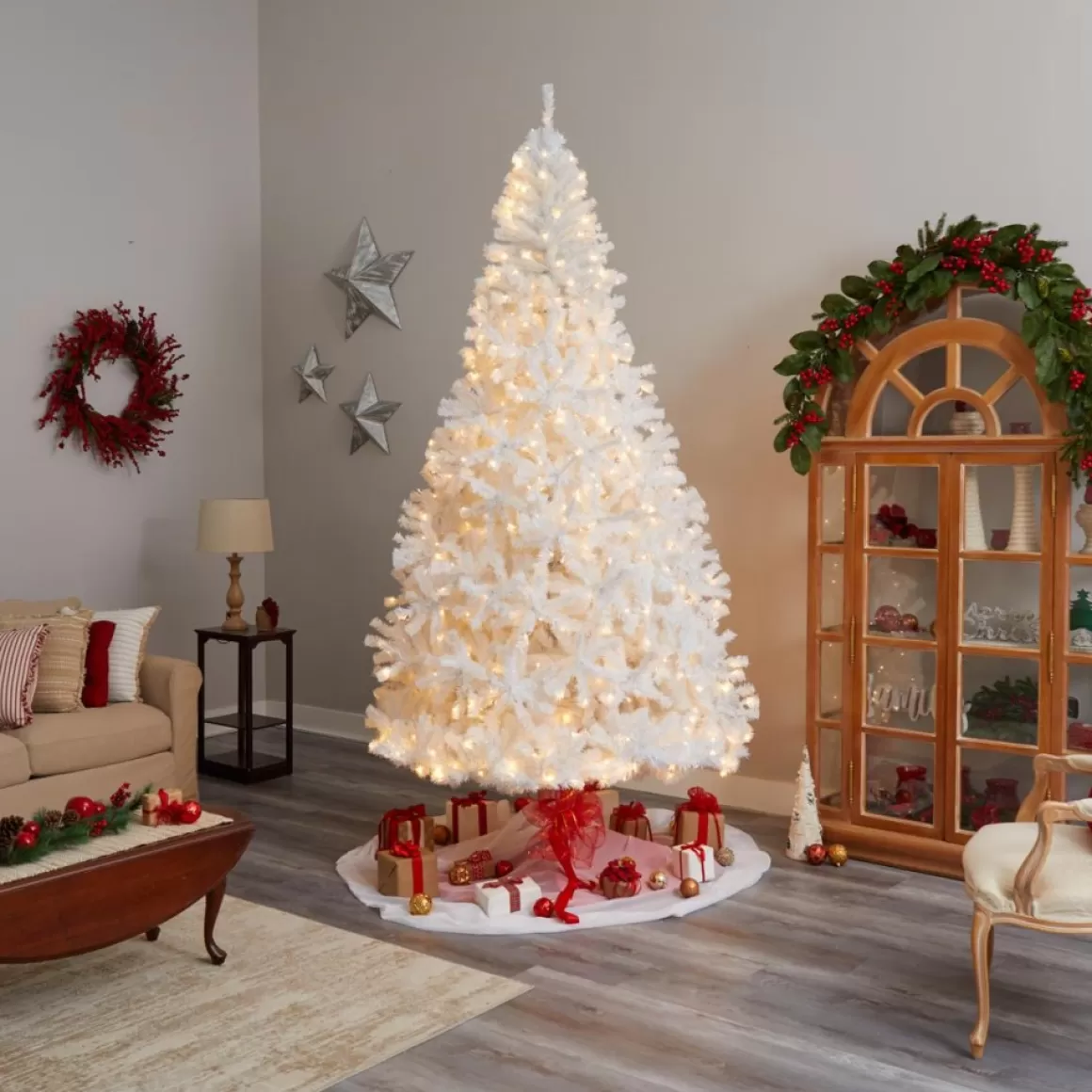 Nearly Natural 9 Ft. White Christmas Tree With 650 Led Lights