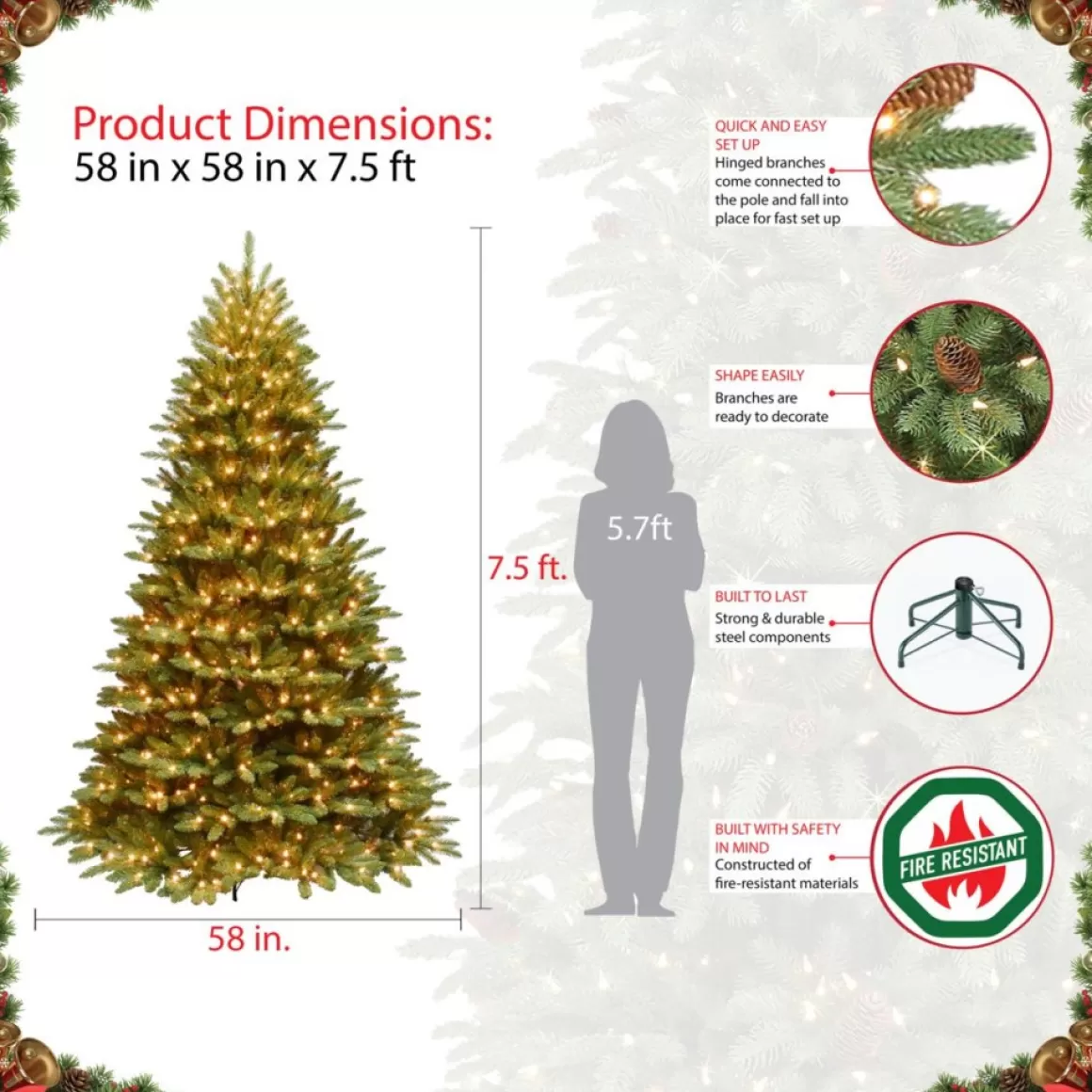 Puleo International Puleo 7.5' Franklin Fir Artificial Christmas Tree W/750 Clear Lights