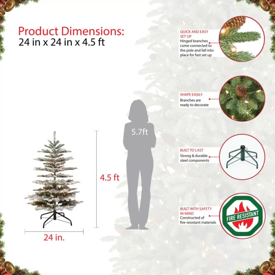 Puleo International 4.5' Pre-Lit Slim Flock Aspen Fir Christmas Tree