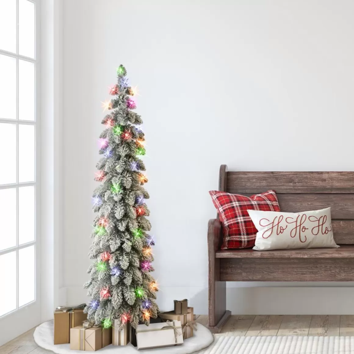 Puelo International Puleo International 4' Pre-Lit Multicolor Flocked Alpine Pencil Tree
