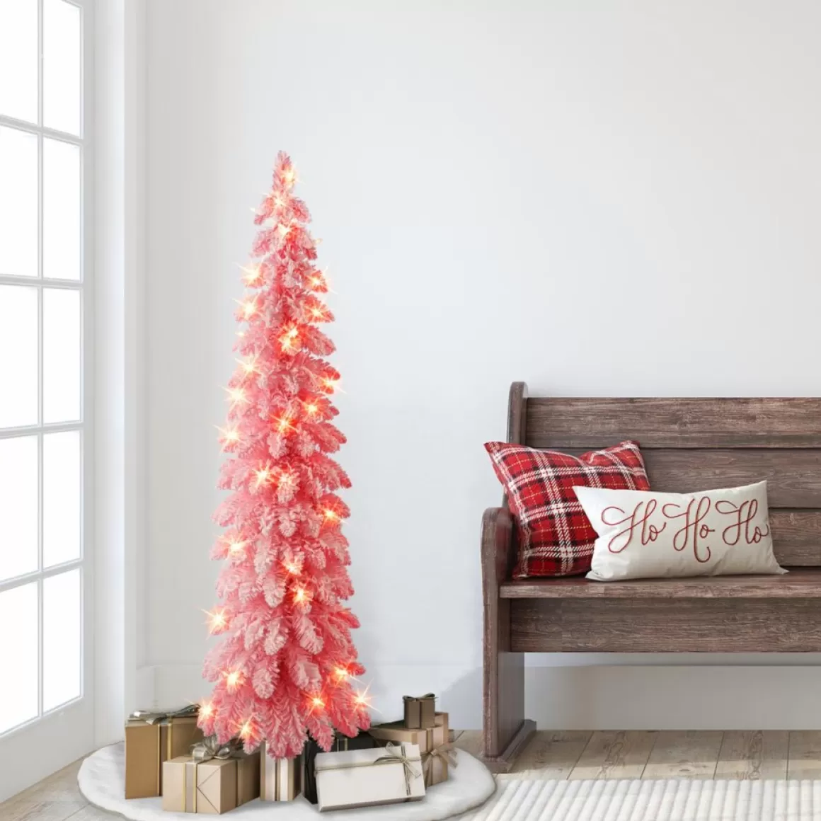 Puelo International Puleo International 4' Prelit Pink Flocked Pencil Tree 50 Clear Lights