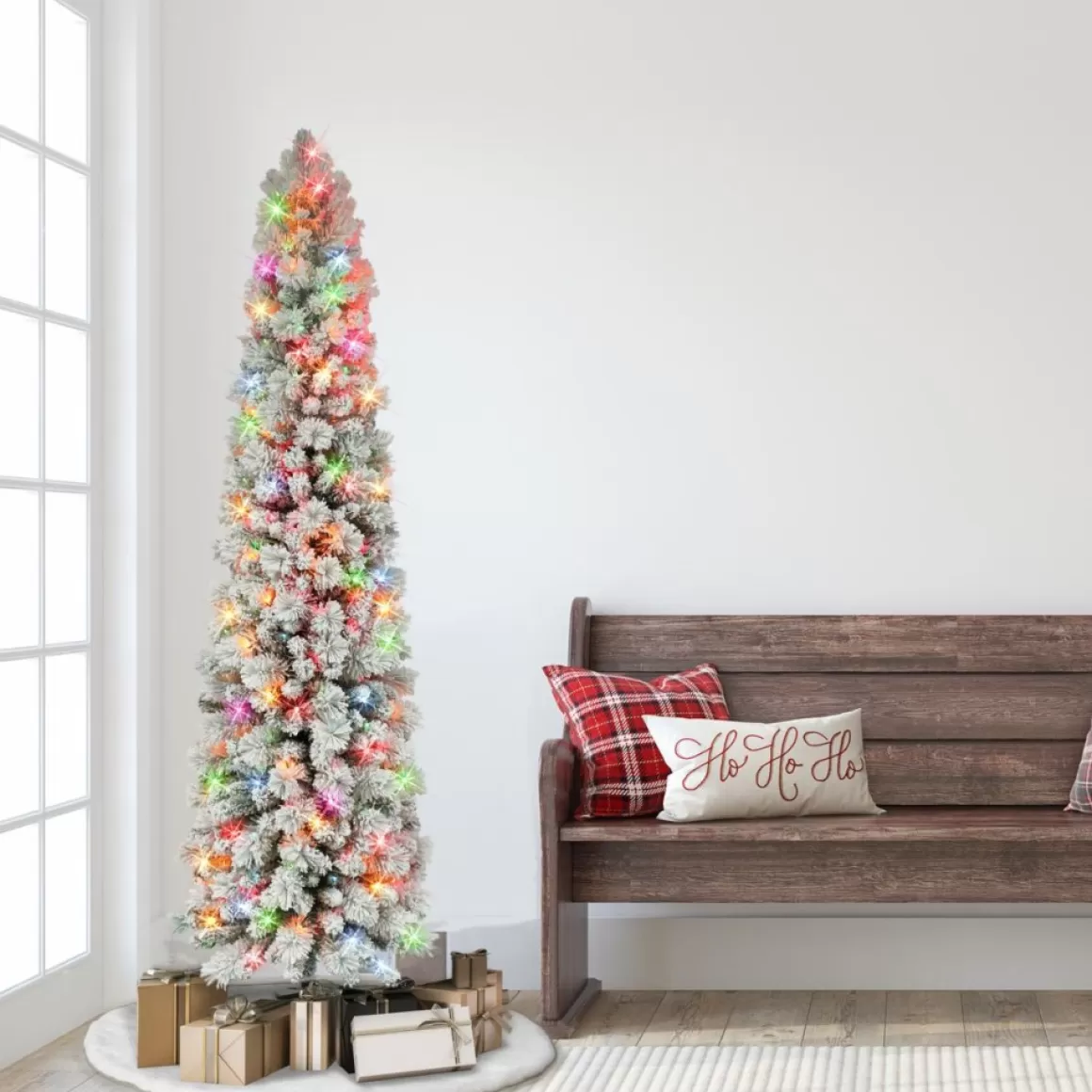 Puelo International Puleo International 6.5' Flocked Pine Pencil Tree W/ Multicolor Lights