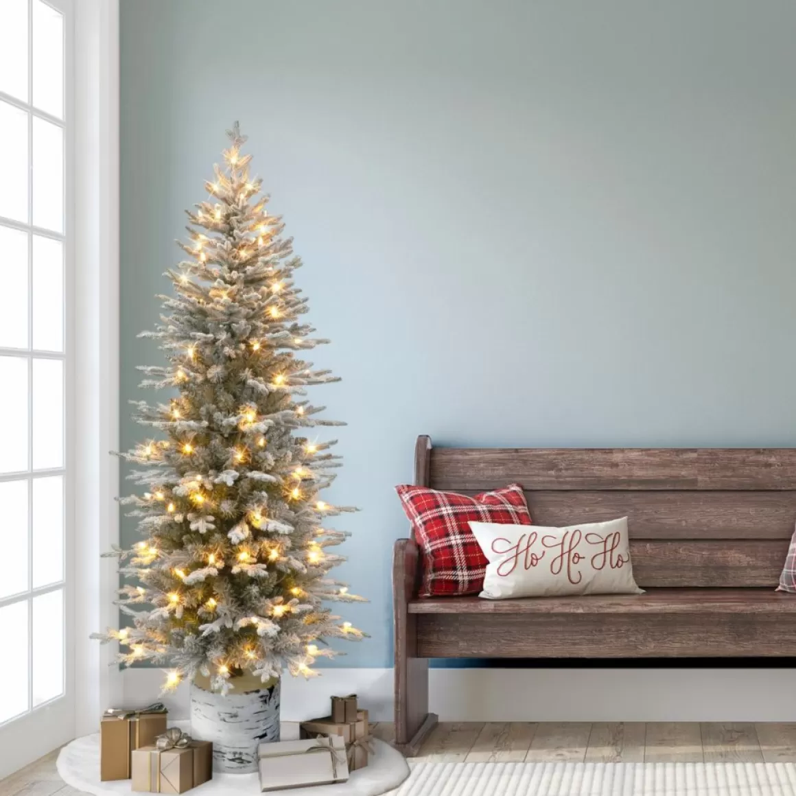 Puelo International Puleo International 6' Pre-Lit Potted Flocked Arctic Fir Pencil Tree