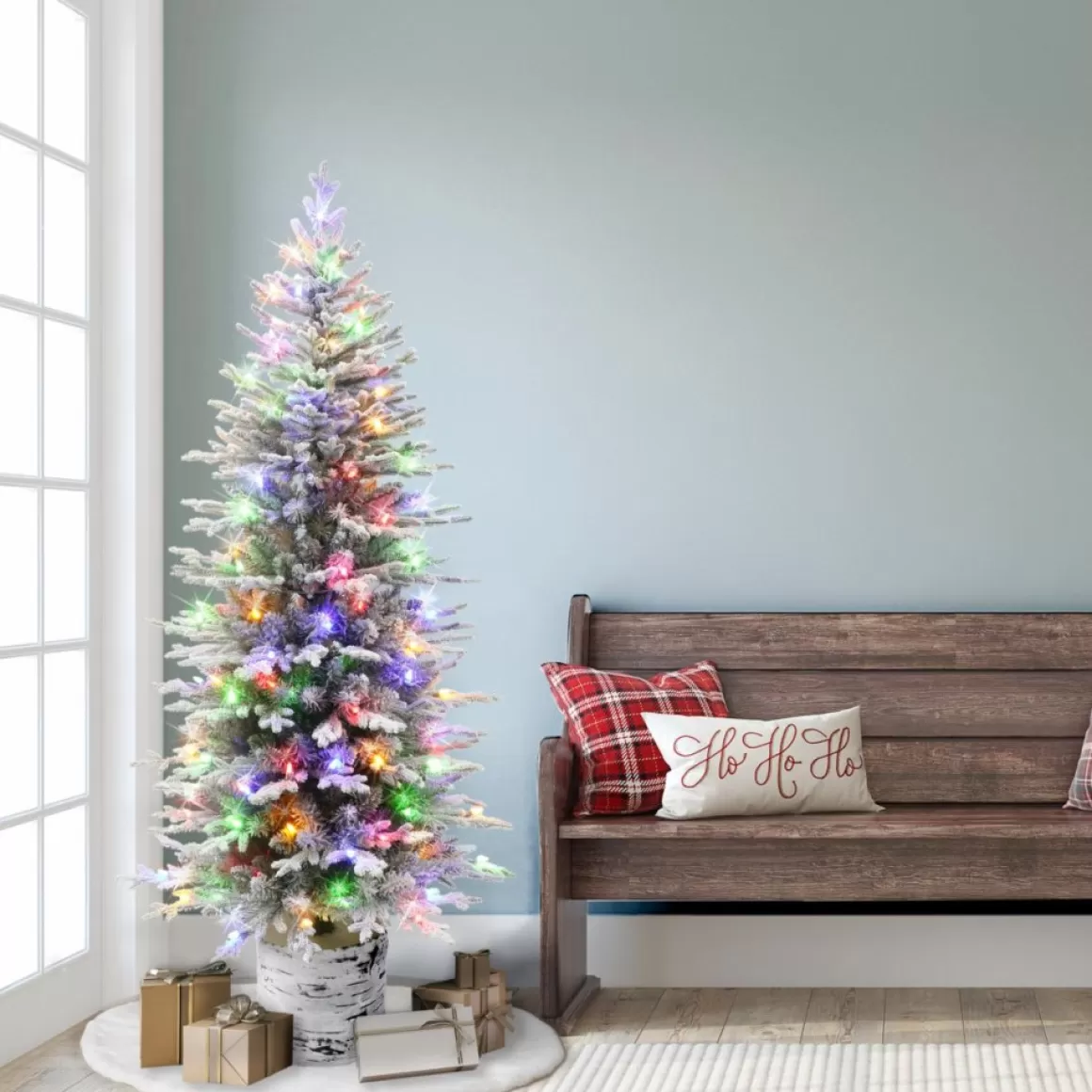 Puelo International Puleo International 6' Pre-Lit Potted Flocked Arctic Fir Pencil Tree