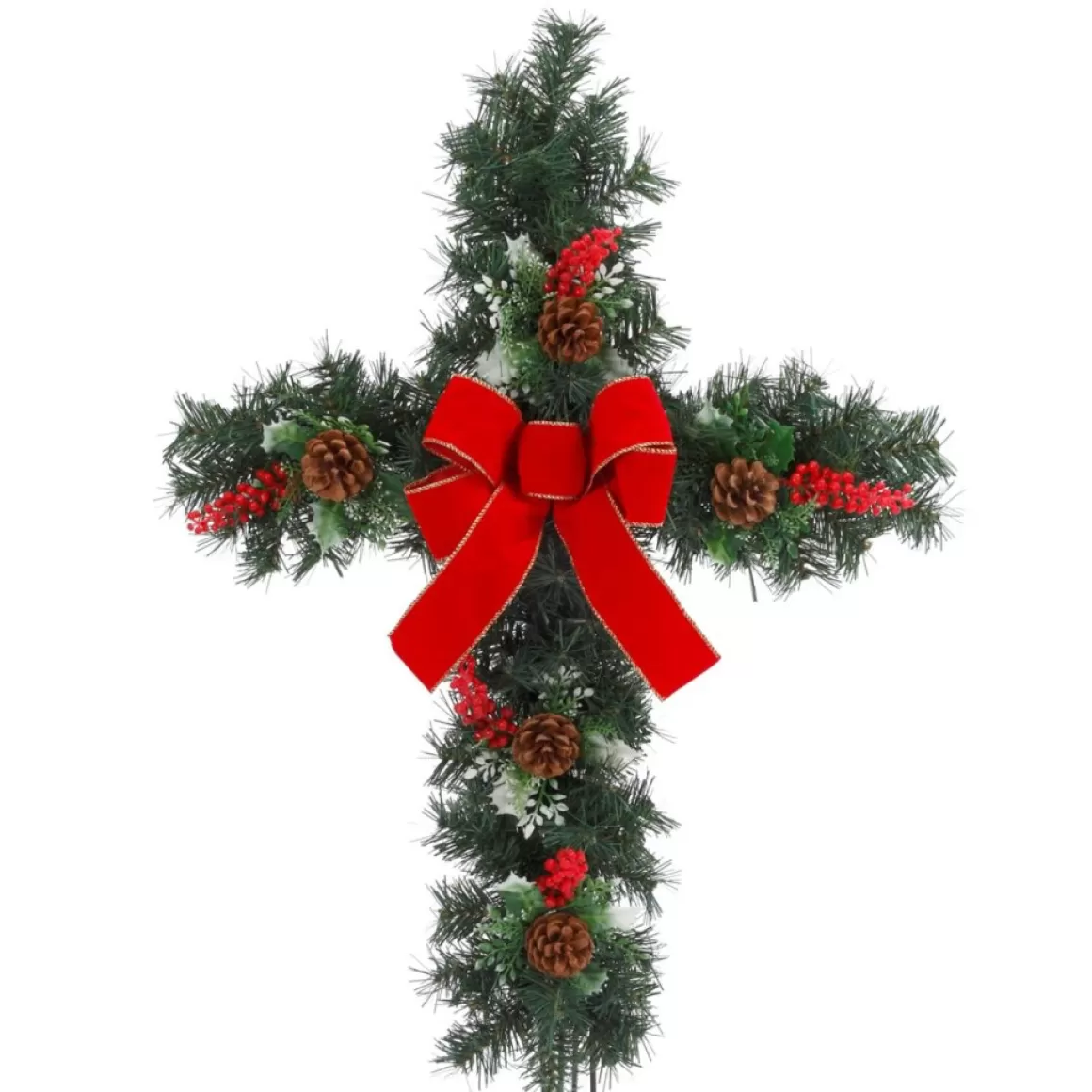 Gerson The Company 24" Greenery Cross W/ Red Berries & Red Bow Stake