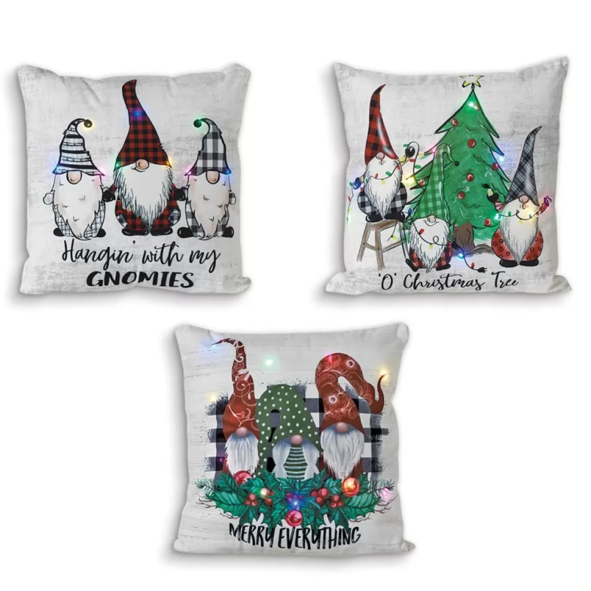 Gerson The Company Set Of 3 16" Lighted Fabric Gnome Design Pillow