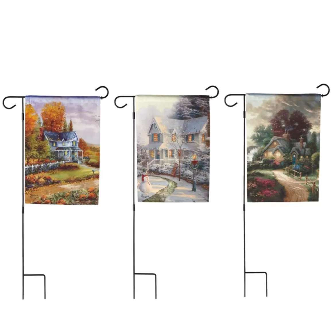 Thomas Kinkade Set Of 3 Seasonal Garden Flags And Stand